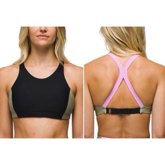 Prana Baja Bound Bikini Top XS Racerback Black Green Pink Colorblock Sport New - Picture 1 of 6
